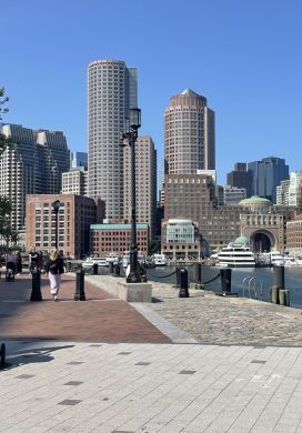 Walkway along Fan Pier with Boston skyline in the background