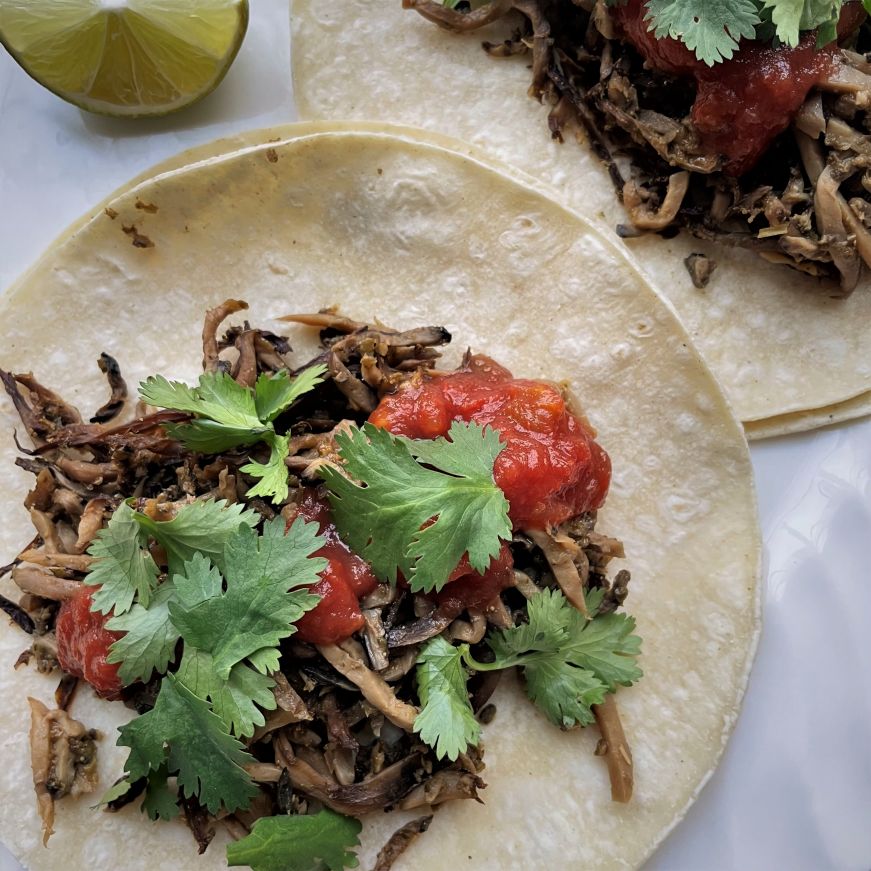 Corn tortillas topped with mushroom shreds, cilantro, and salsa