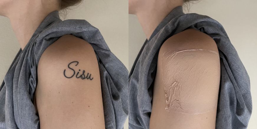 Side-by-side photos of Stacy's shoulder, one with her tattoo and the other with her tattoo covered with a tattoo seal