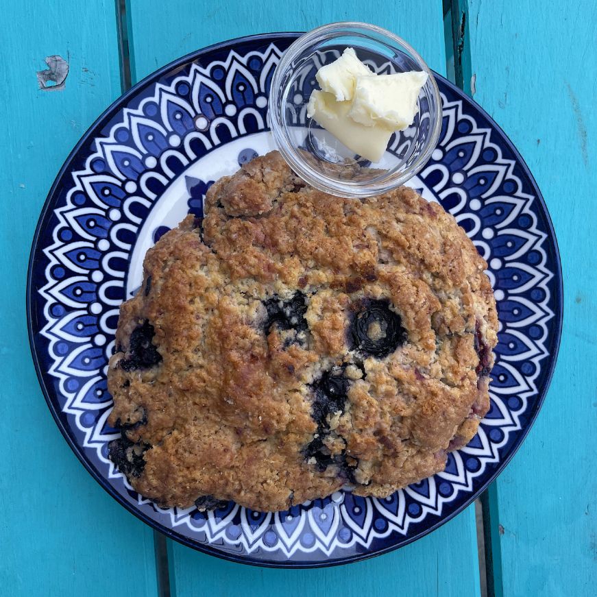 Blueberry scone, HodgePodge Lunenburg Eatery Large blueberry scone on a plate