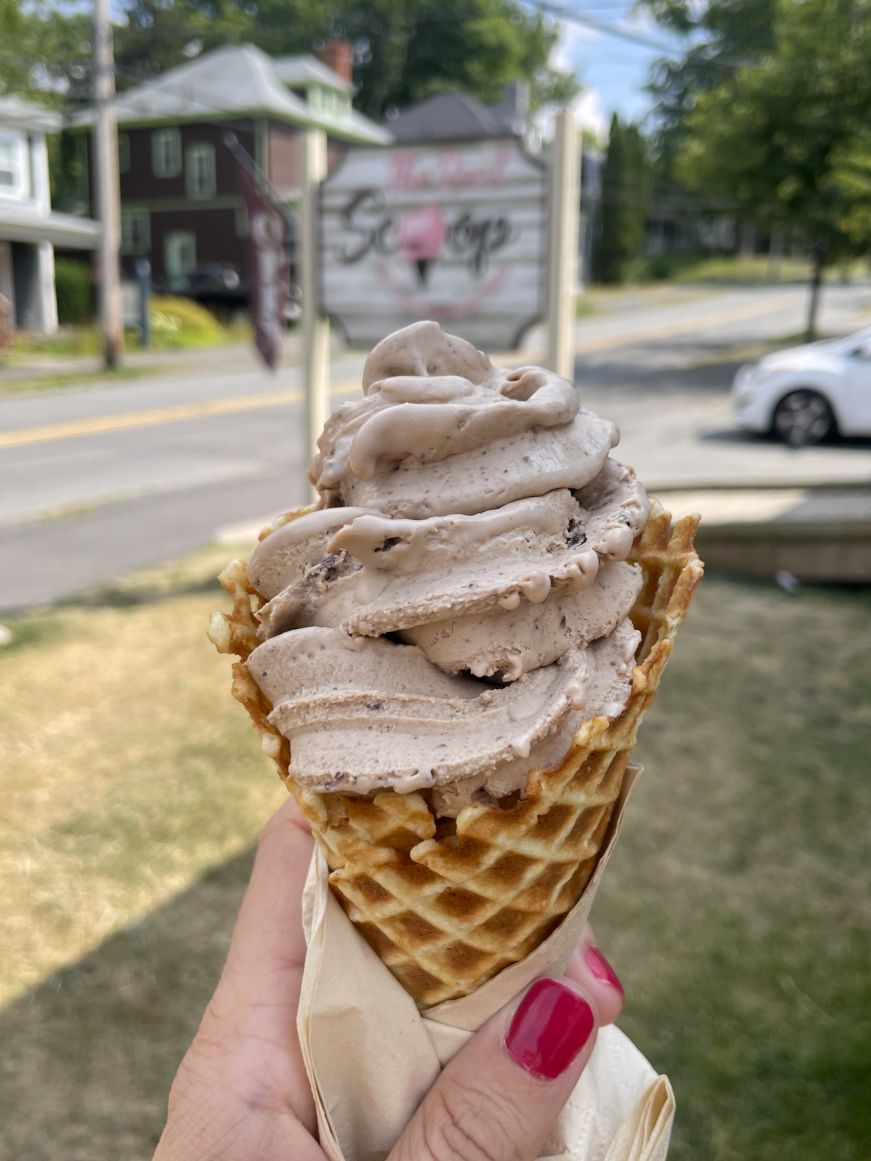 Chocolate ice cream with chocolate chip cookie dough, The Real Scoop Hand holiding a chocolate ice cream cone
