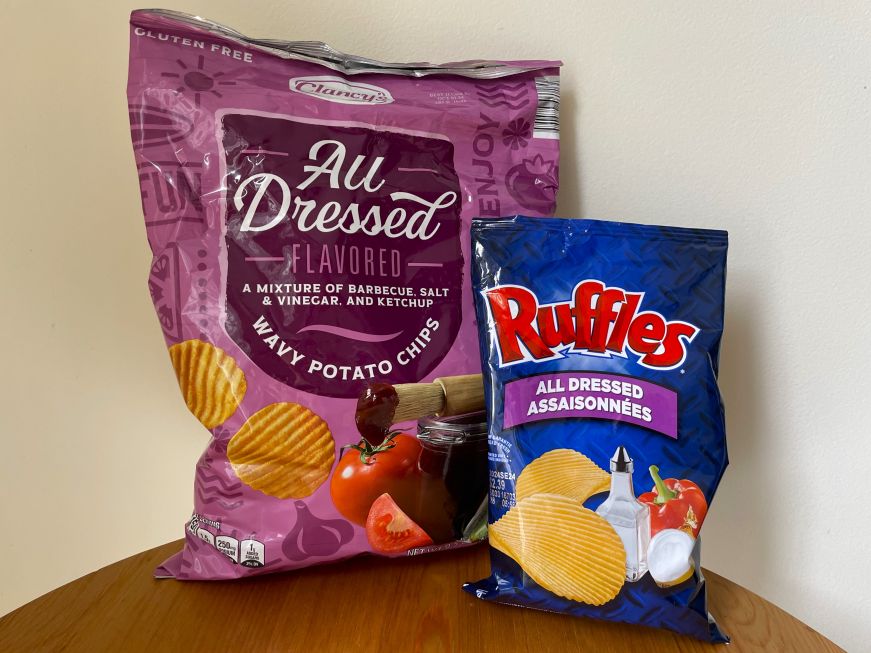 Bags of Clancy's and Ruffles All Dressed chips