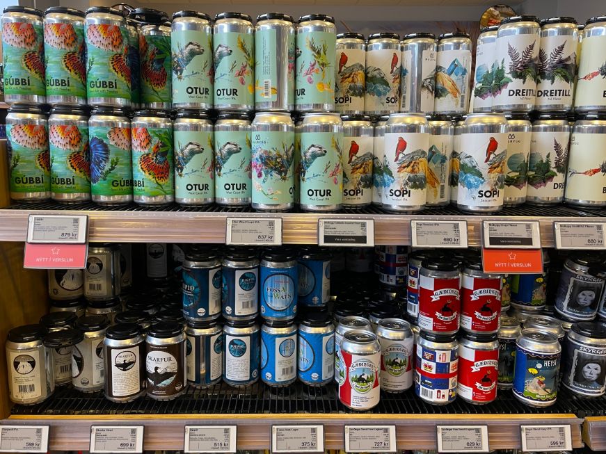 Local craft beer at Vínbúðin Shelves of craft beer
