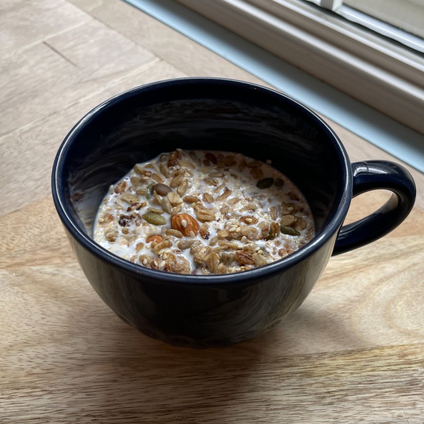 Granola, No. 9 Coffee Bar Mug filled with granola and milk