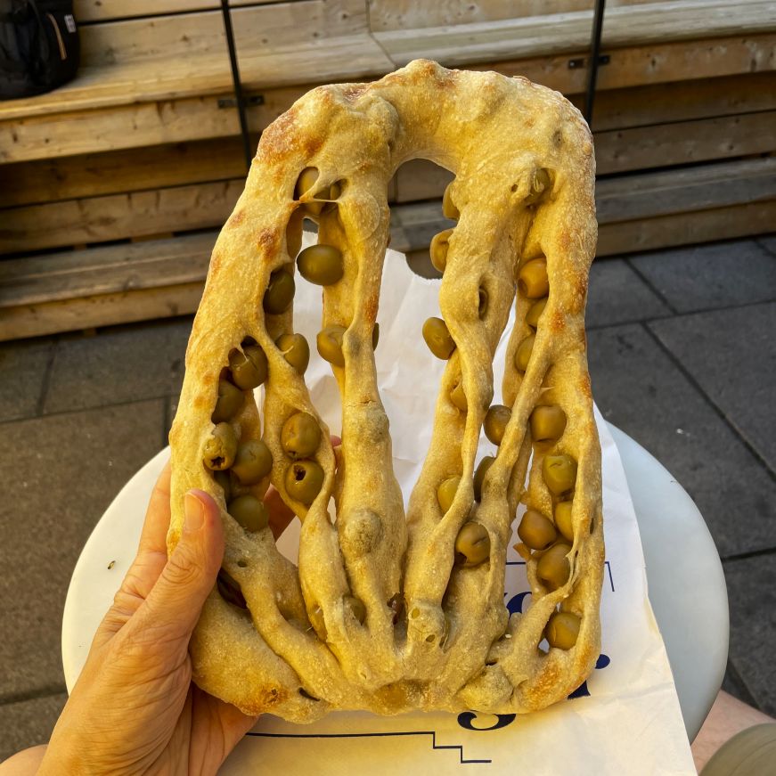 Fan-shaped bread studded with green olives