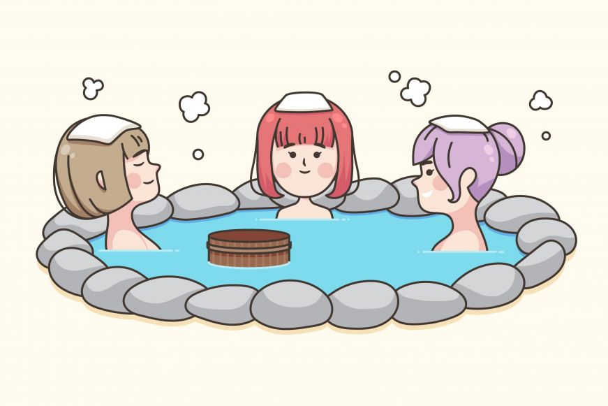 Illustration of three women sitting in an onsen hot spring bath with folded towels on their heads