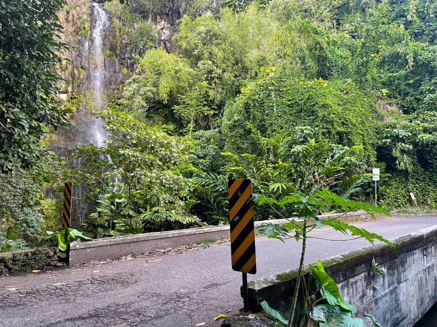 One-lane bridge with a waterfall and rainforest in the background