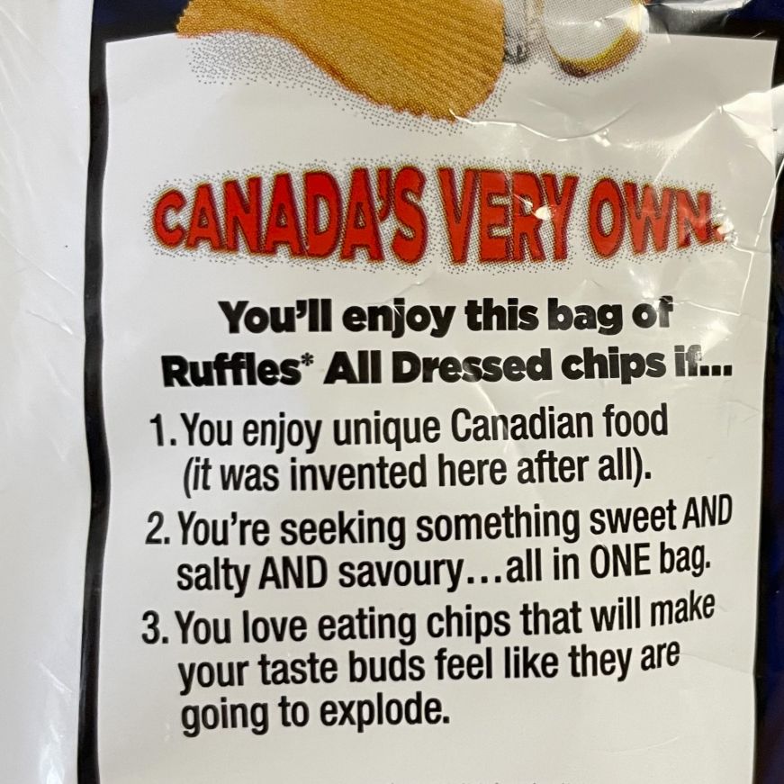 Packaging explaining flavor of Ruffles All Dressed chips