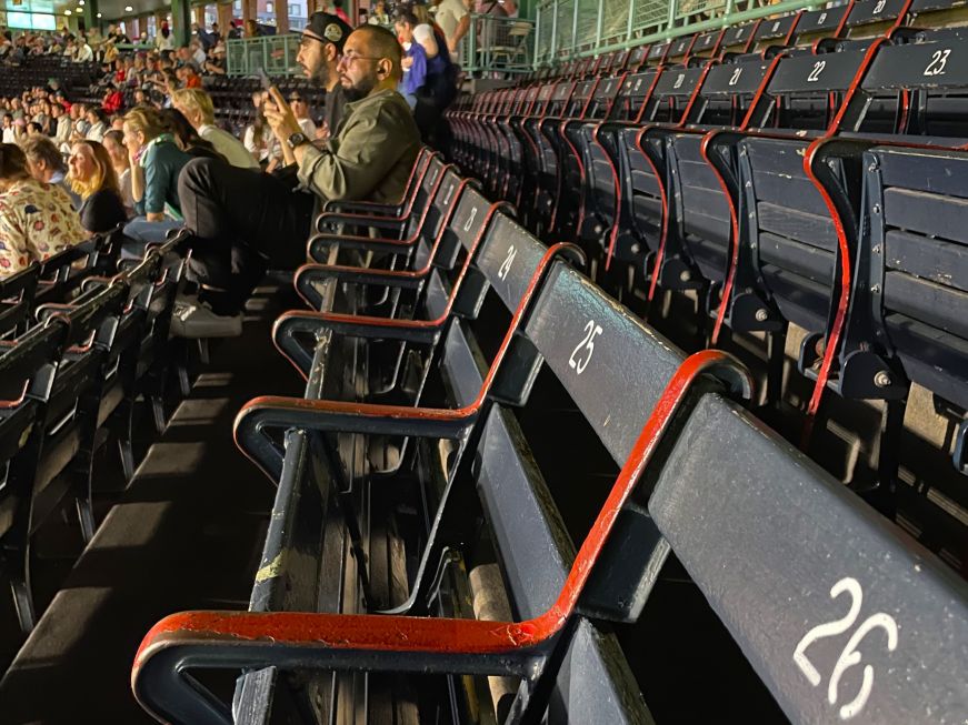 Wooden seats in a sports stadium