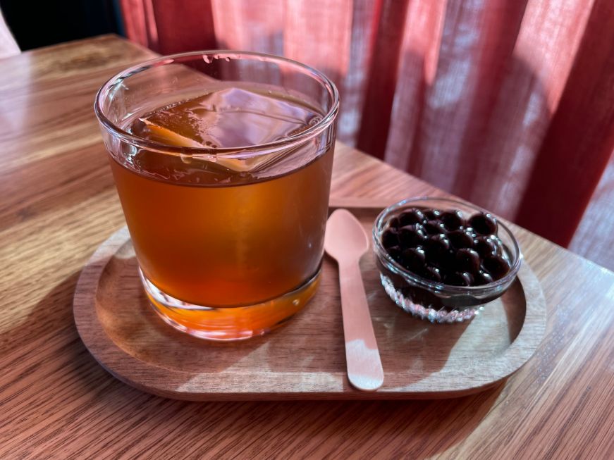 Tii Cup Old Fashioned, L2 at Tii Cup Old fashioned cocktail with a small bowl of boba pearls on the side