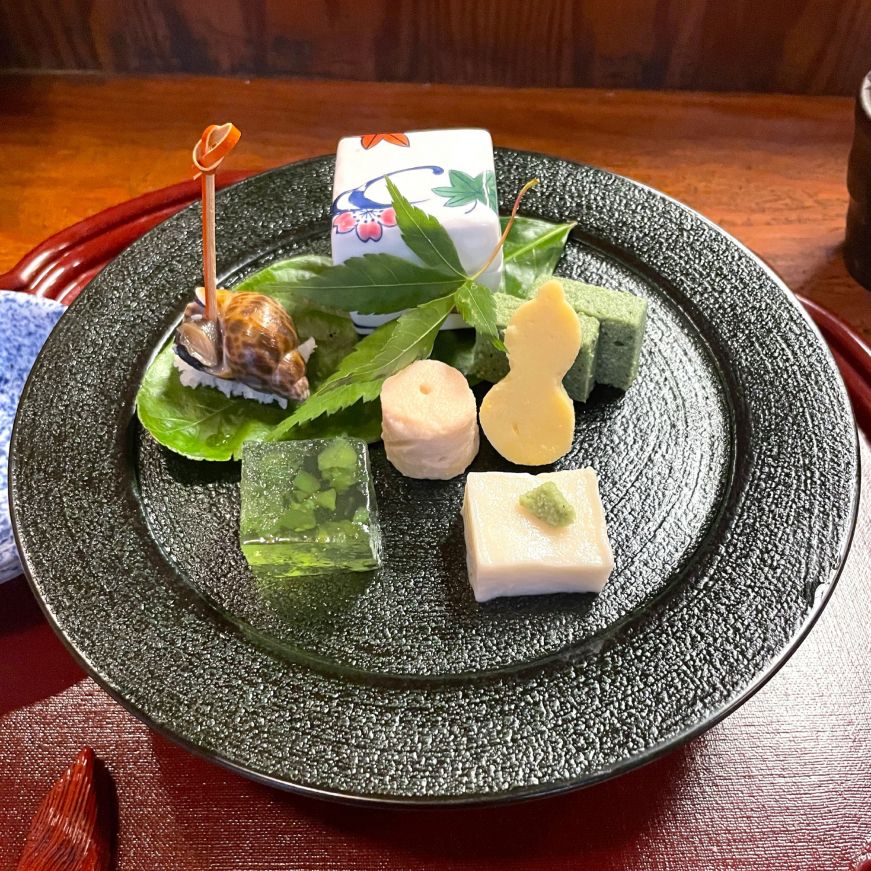 Appetizer course at Tousuiro Gion Plate of elegantly presented tofu appetizers