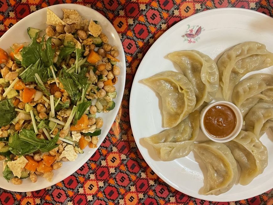 Peanut and herb salad and dumplings