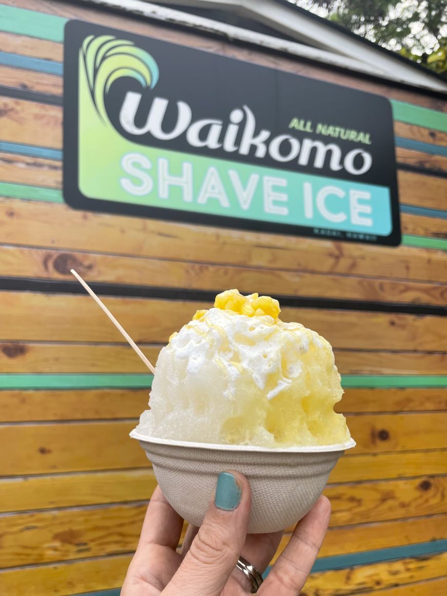 Stacy's hand holiding a cup of shave ice topped with honey and fresh fruit