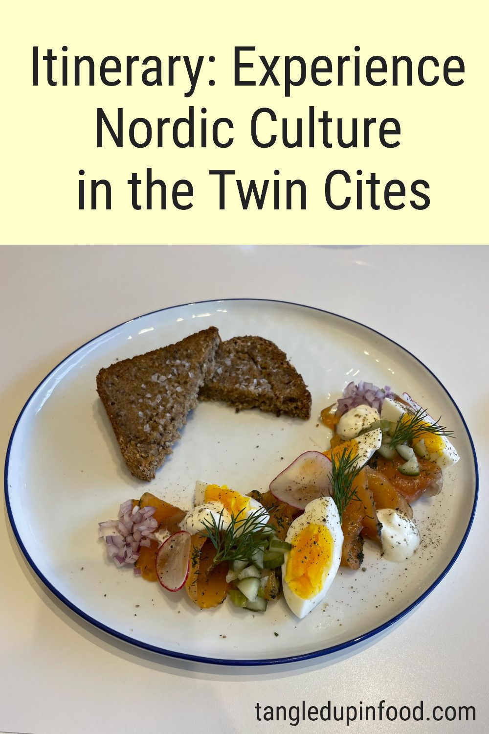 Itinerary: Experience Nordic Culture in the Twin Cities Pinterest Image Photo of a plate of artistically plated smoked salmon with text reading "Itinerary: Experience Nordic Culture in the Twin Cities"