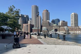 Walkway along Fan Pier with Boston skyline in the background