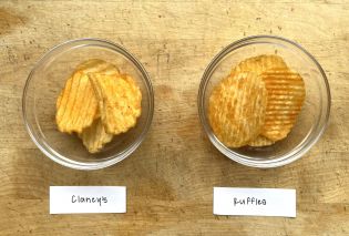 small glass bowls with a few potato chips in each